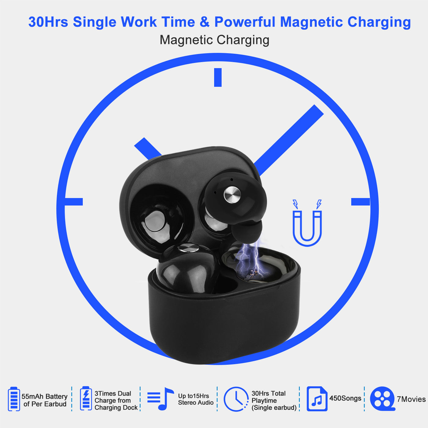 TWS True Wireless V4.2 Earbuds IPX4 In-ear Stereo Earphone Hands-free Deep Bass Earpiece With Mic Magnetic Charging Case 30Hrs Single Earbud Work Time Driving Business