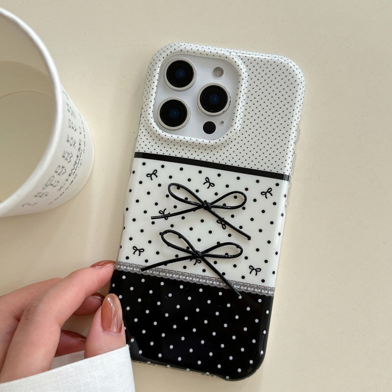 Black And White Polka Dot Stitching Stereo Bow Phone Case