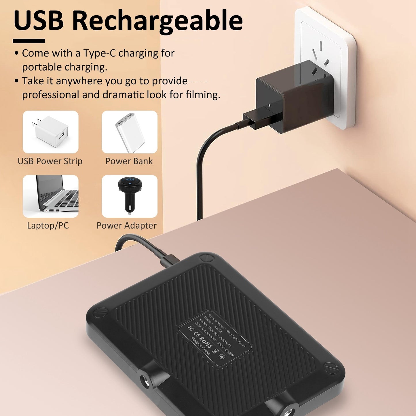 1Pc Rechargeable Selfie Light Fill Light 2000mAh Portable Clip On Light With 3 Light Modes 10 Brightness Levels For Phone Laptop Live Stream Make Up Photography
